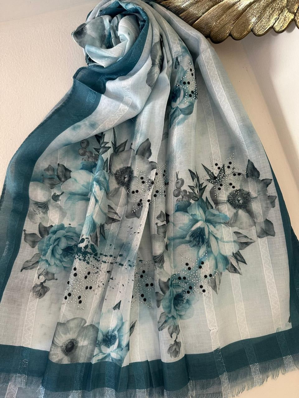 Teal printed floral scarf