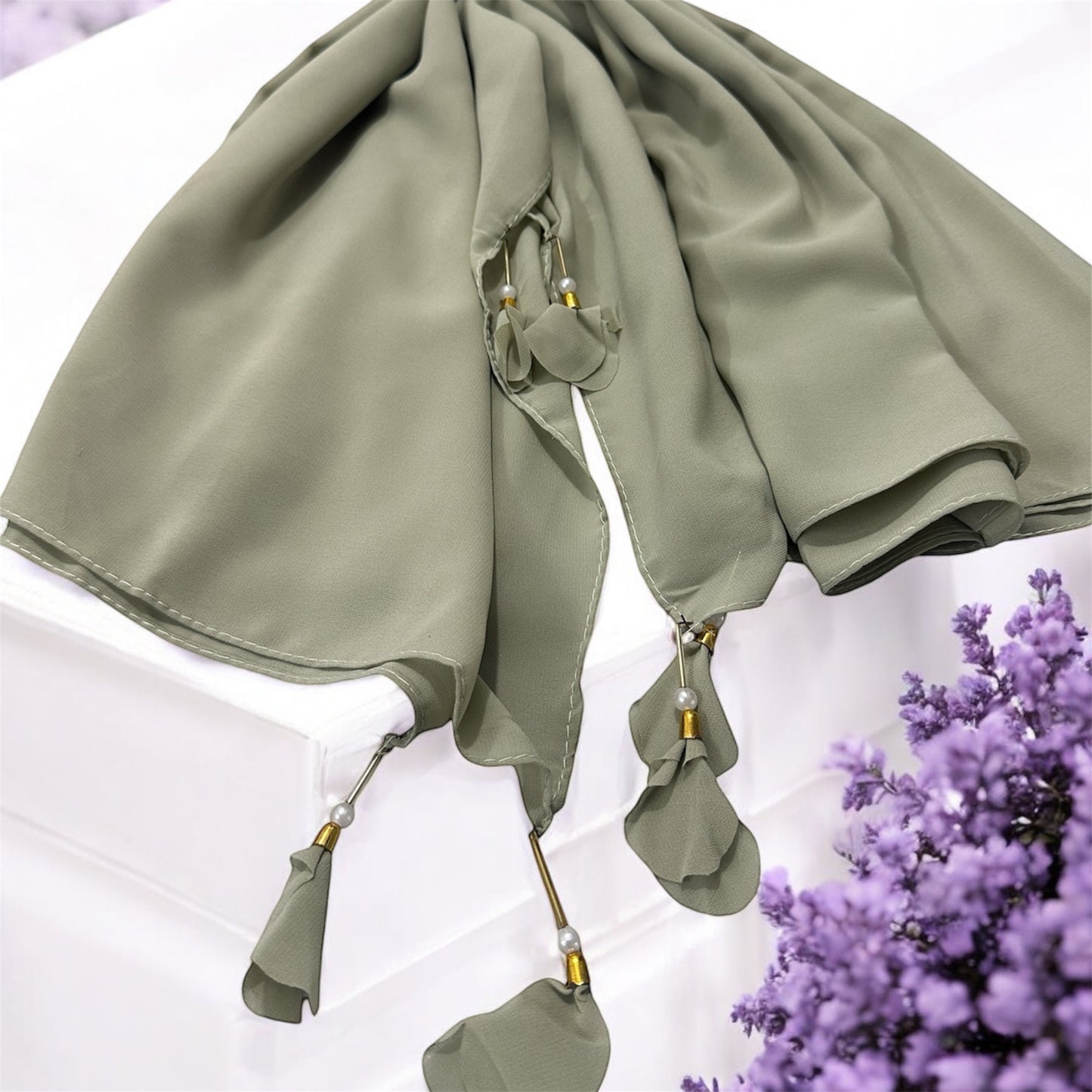 Light gray color georgette solid plain scarf with pearl heart latkan