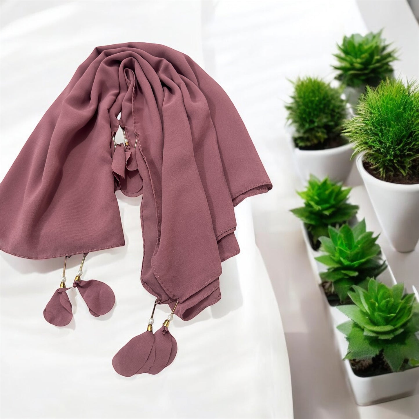 Light color georgette solid plain scarf with pearl heart latkan