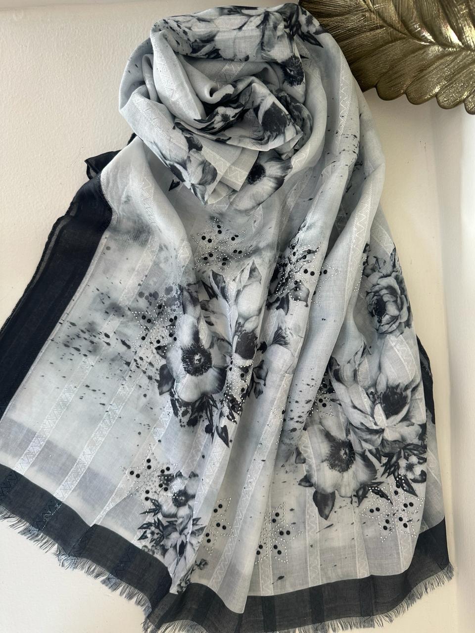 Gray printed floral scarf