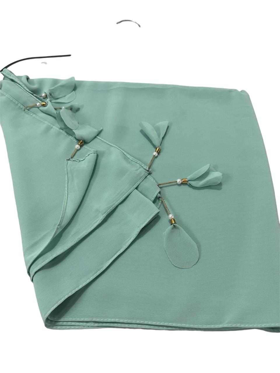 Persian green color georgette solid plain scarf with pearl heart latkan