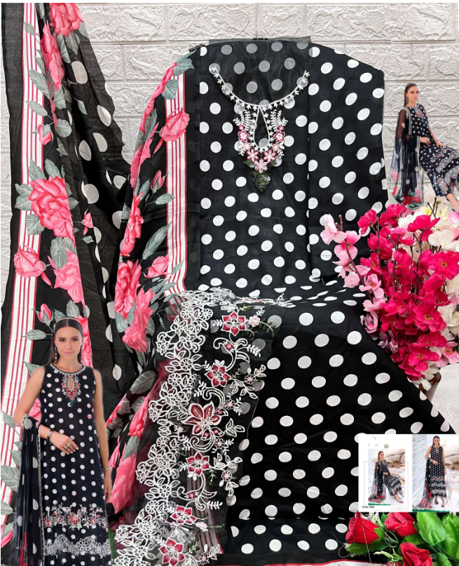 lawn cotton black polka dots with embroidery patches