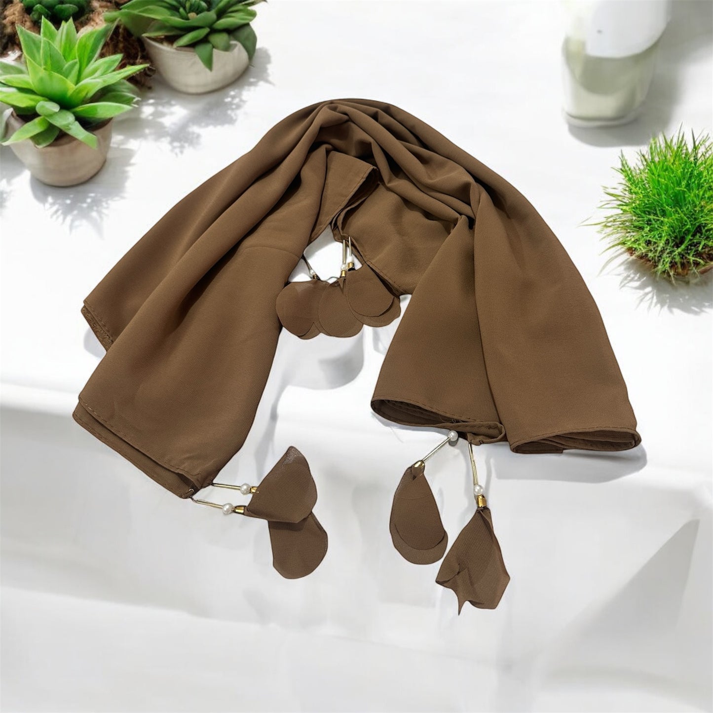 Brown color georgette solid plain scarf with pearl heart latkan