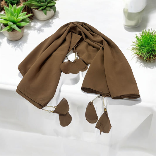 Brown color georgette solid plain scarf with pearl heart latkan