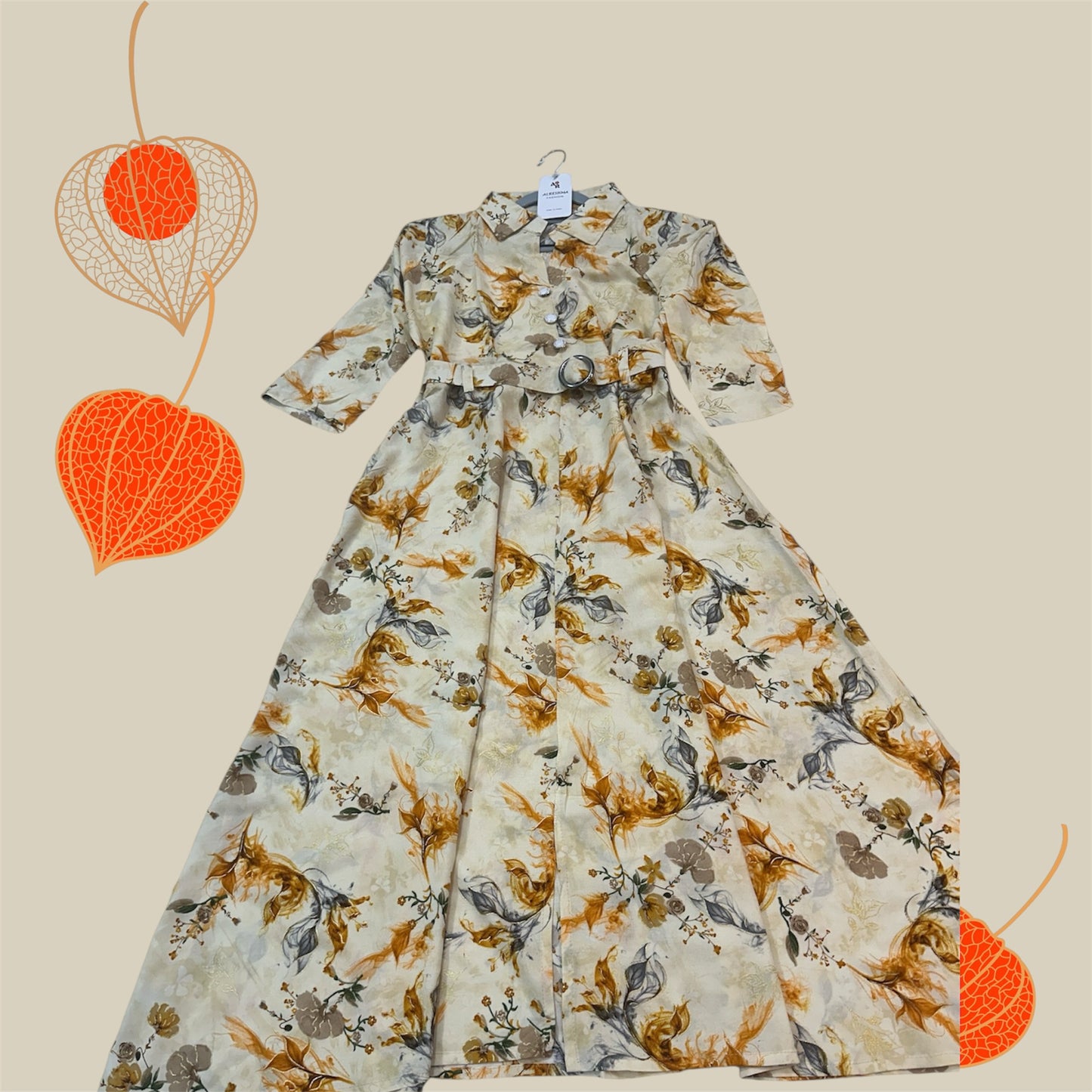 Peach color Stylish latest floral kurti with belt