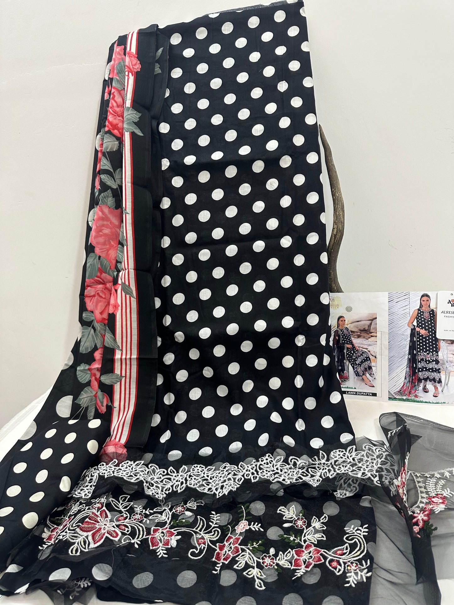 lawn cotton black polka dots with embroidery patches