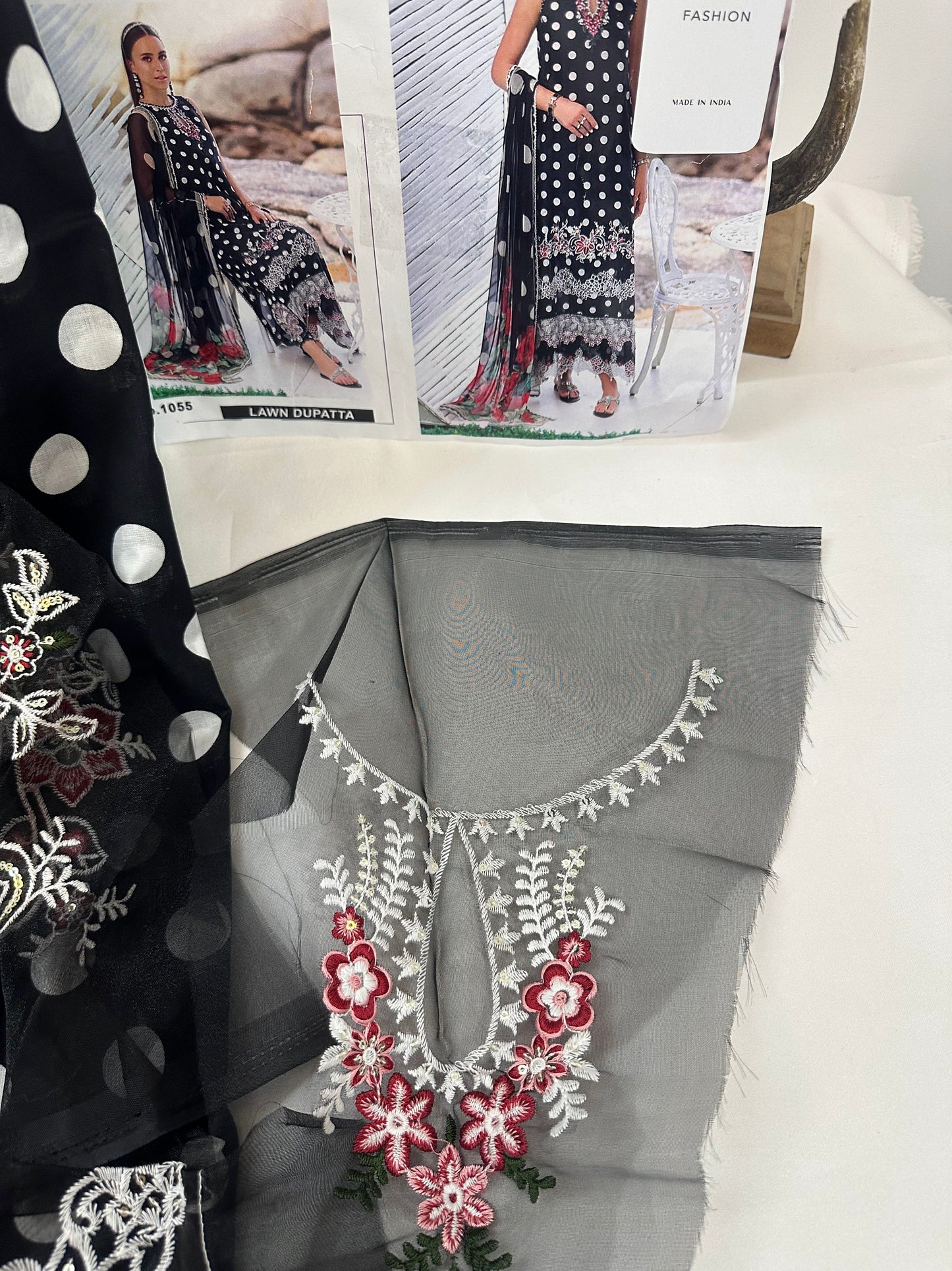 lawn cotton black polka dots with embroidery patches