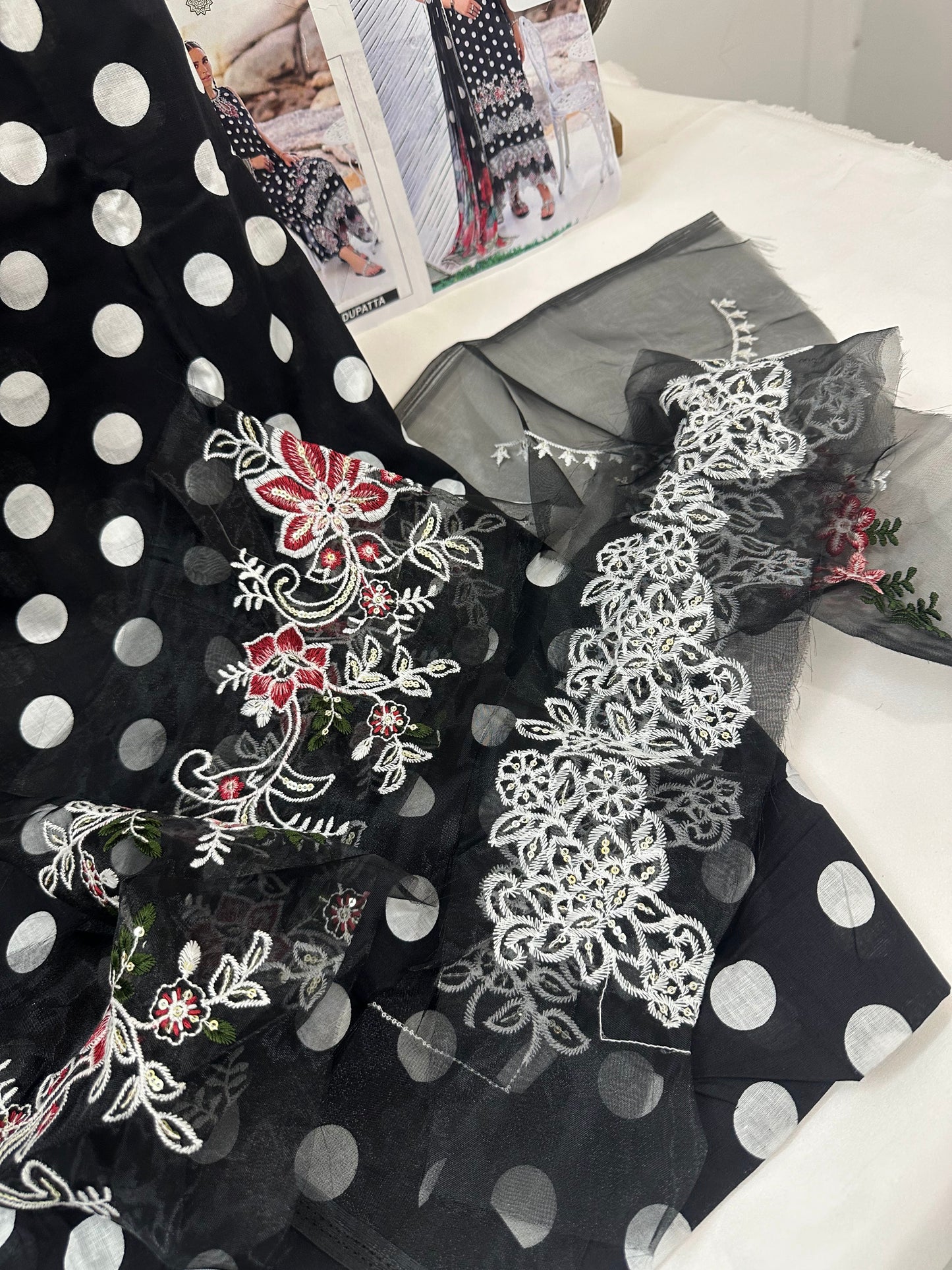 lawn cotton black polka dots with embroidery patches