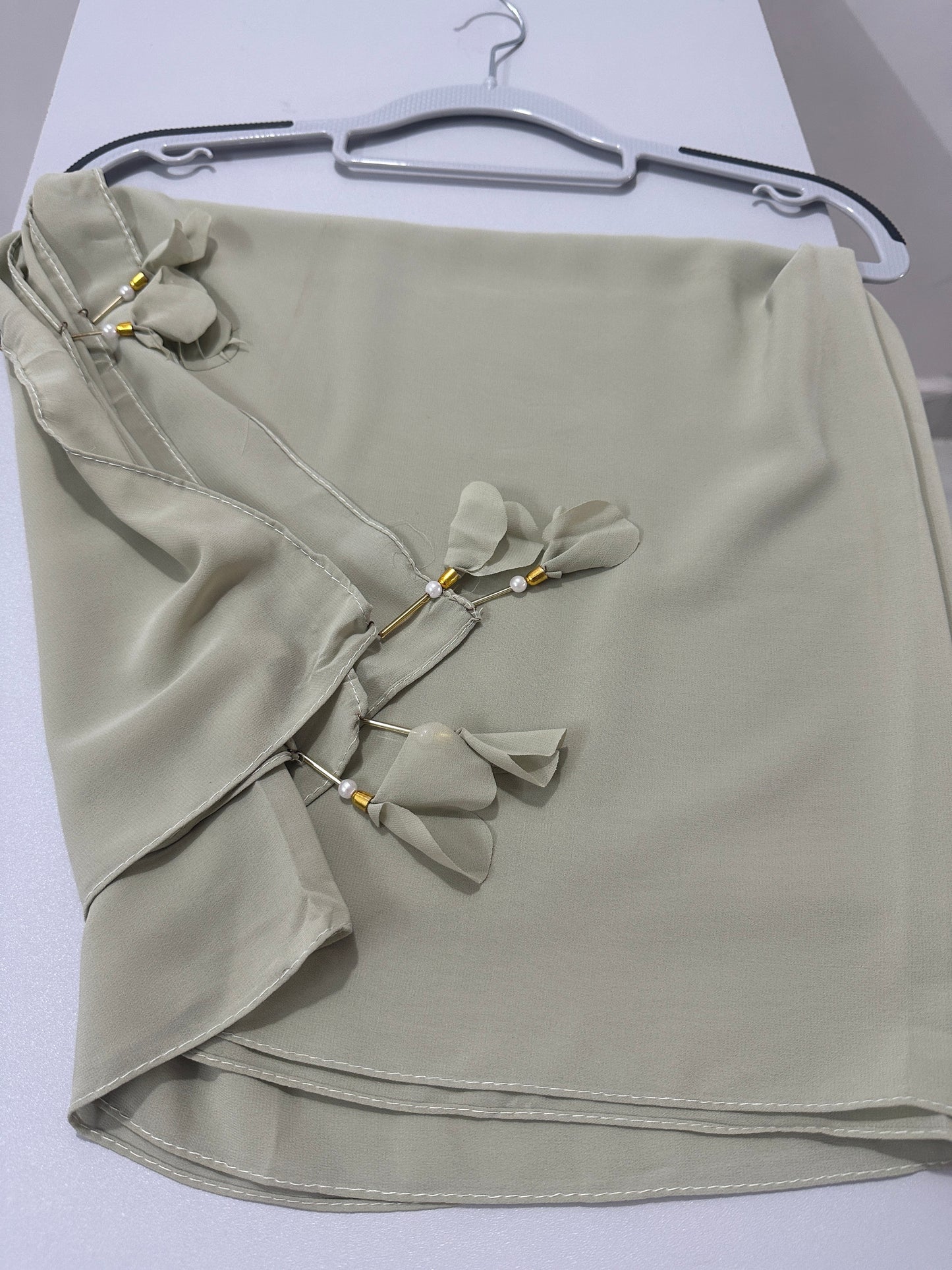 Light gray color georgette solid plain scarf with pearl heart latkan