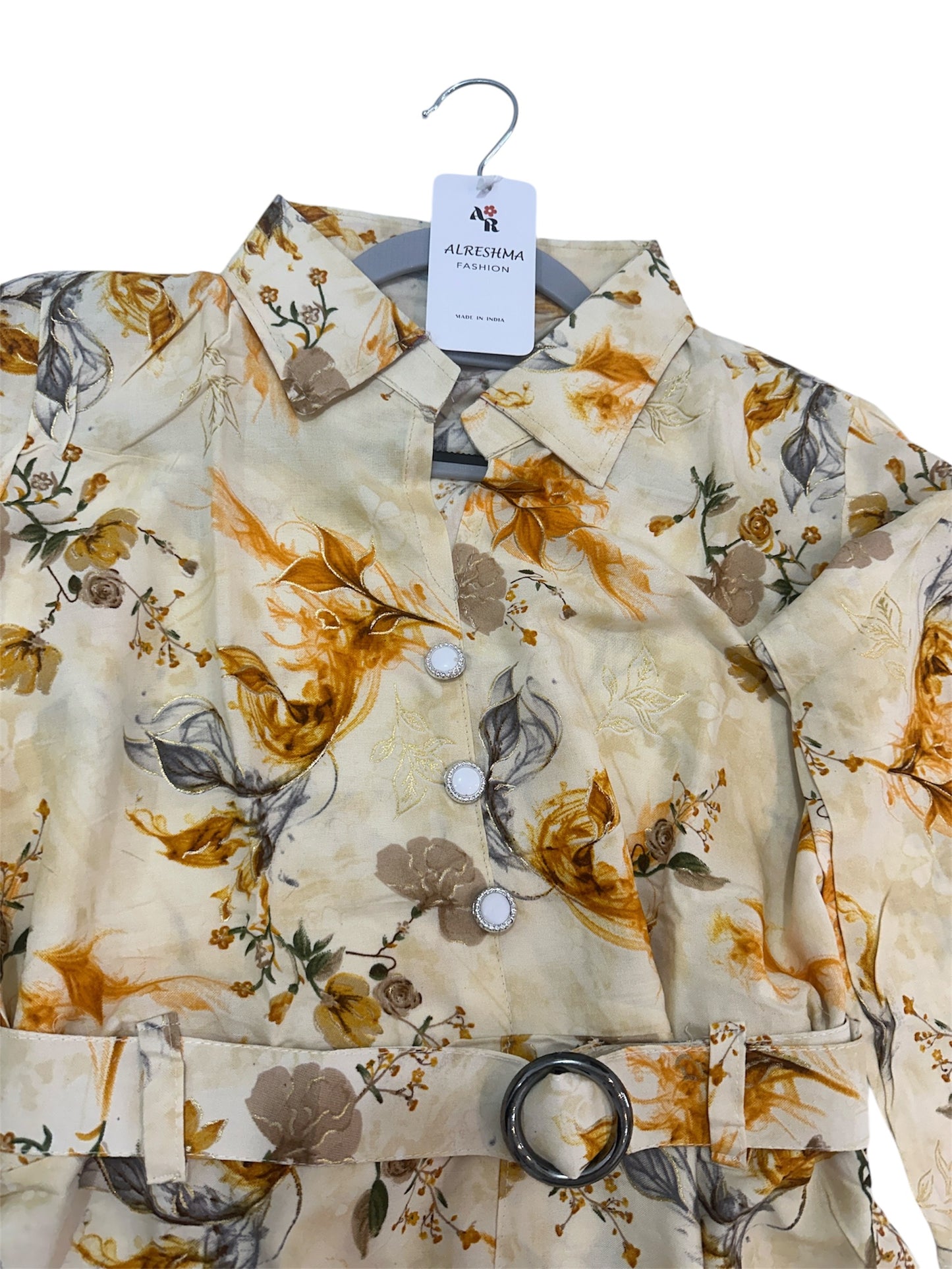 Peach color Stylish latest floral kurti with belt