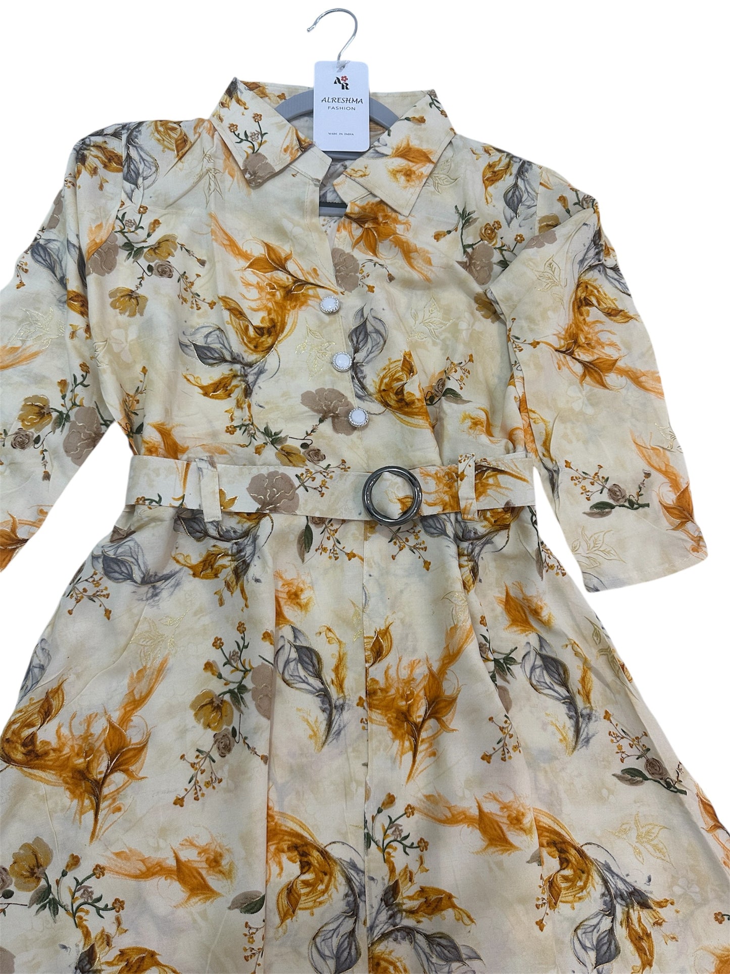 Peach color Stylish latest floral kurti with belt