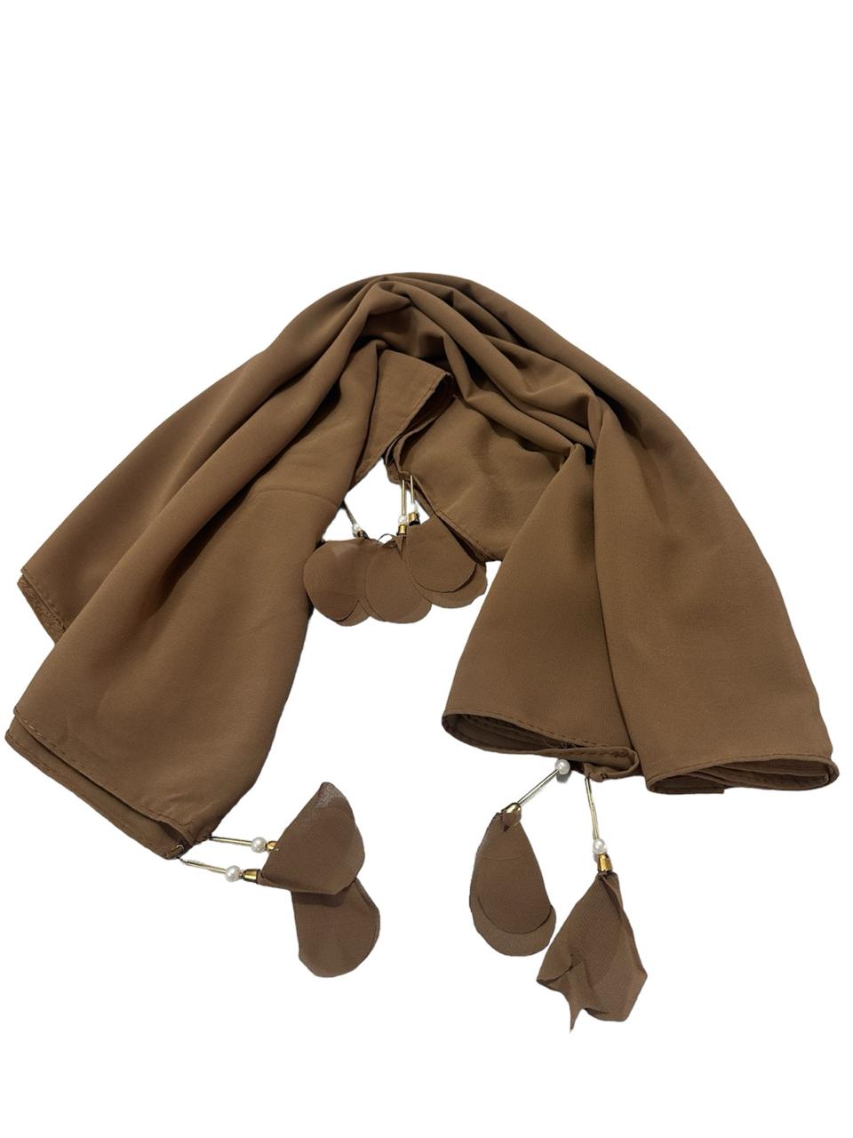 Brown color georgette solid plain scarf with pearl heart latkan
