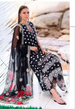 lawn cotton black polka dots with embroidery patches